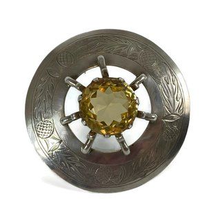 Mid Century Sterling Silver & Citrine Large Brooch